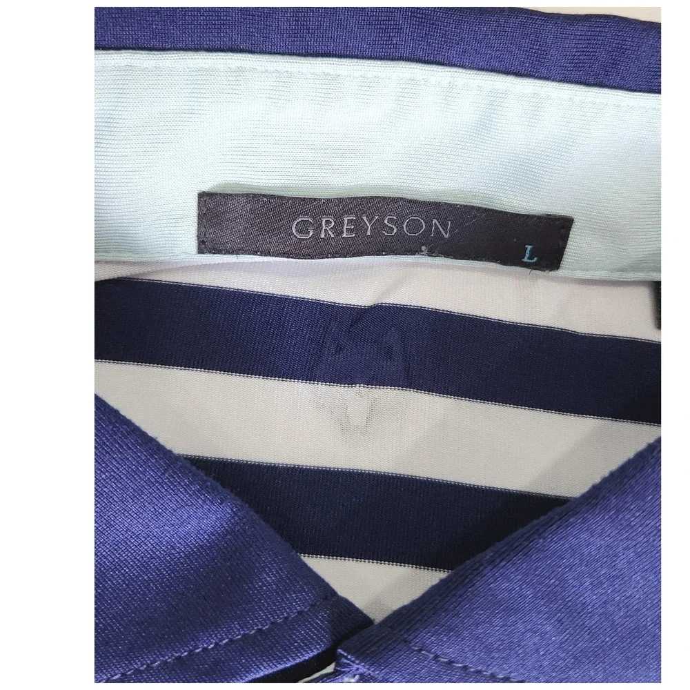Greyson Clothiers Mens Large Navy White Striped Golf Polo Shirt Wolf Logo L - Picture 4 of 5